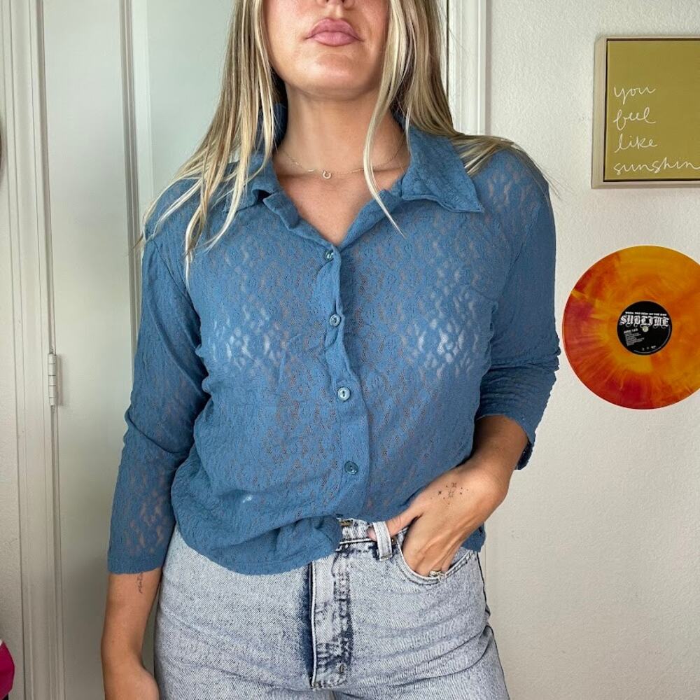 Vintage Y2K 2000s Diagonal Blue Lace Sheer Button Up Blouse Sz M